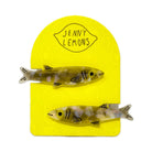 Two fish-shaped objects on a yellow card with 'Jenny Lemons' branding.
