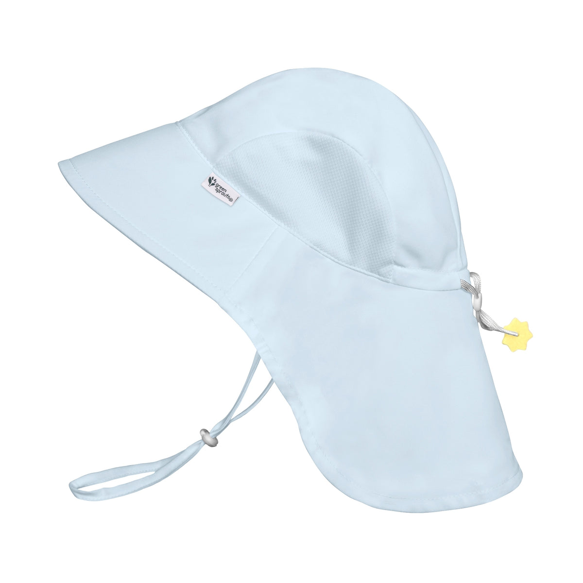 A light blue wide-brim sun hat with an attached neck flap, adjustable chin strap, and a small yellow star-shaped tag, shown on a plain white background.