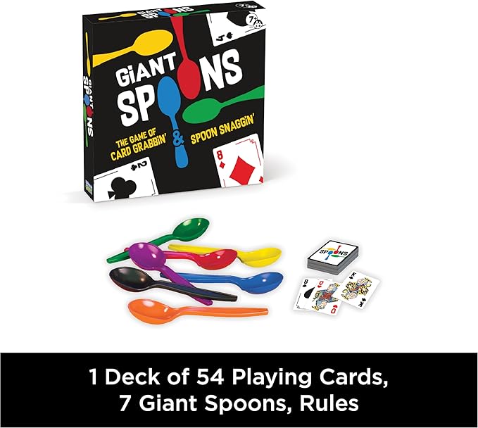 Giant Spoons game set with playing cards and spoons on a white background