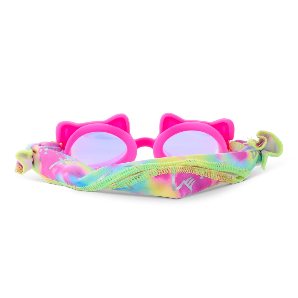 Neon pink cat-eye sunglasses with a colorful strap on a white background