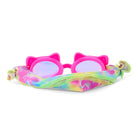 Neon pink cat-eye sunglasses with a colorful strap on a white background