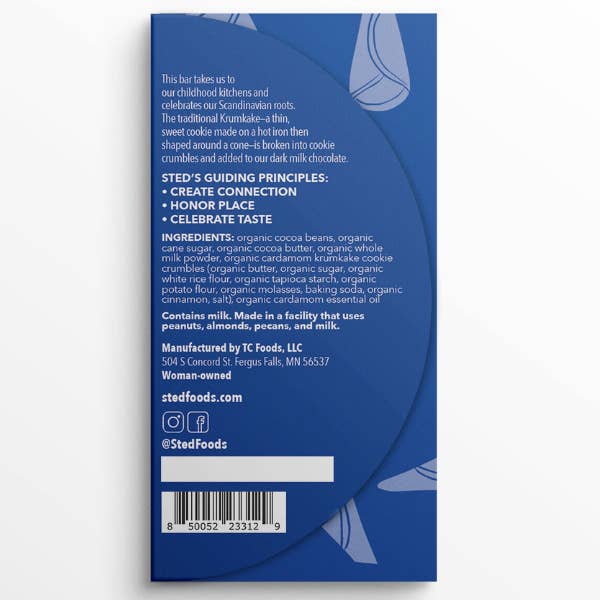Back of a blue package with text and branding on a white background