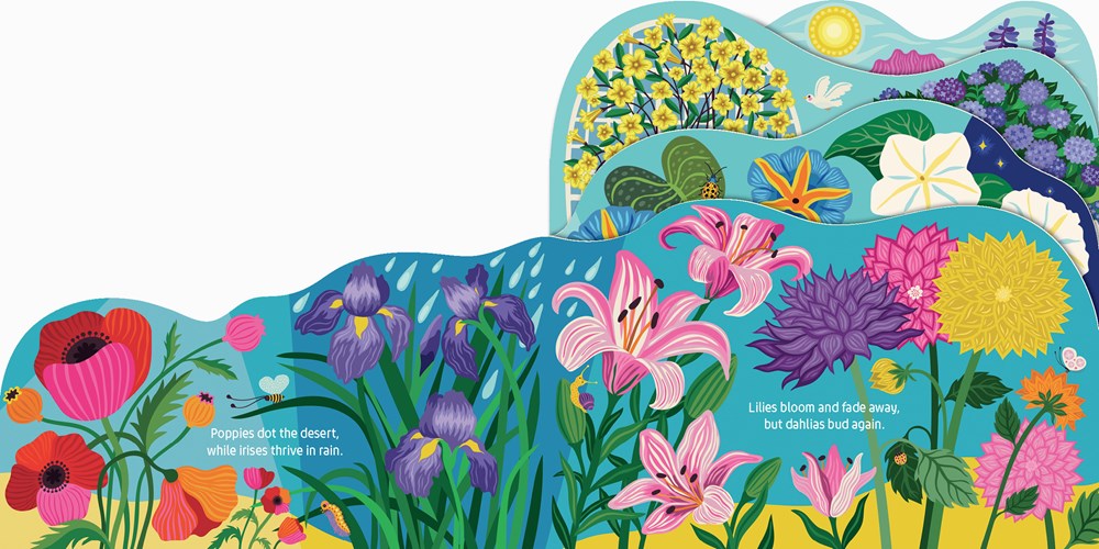 Colorful illustration of flowers and nature scenes on a white background