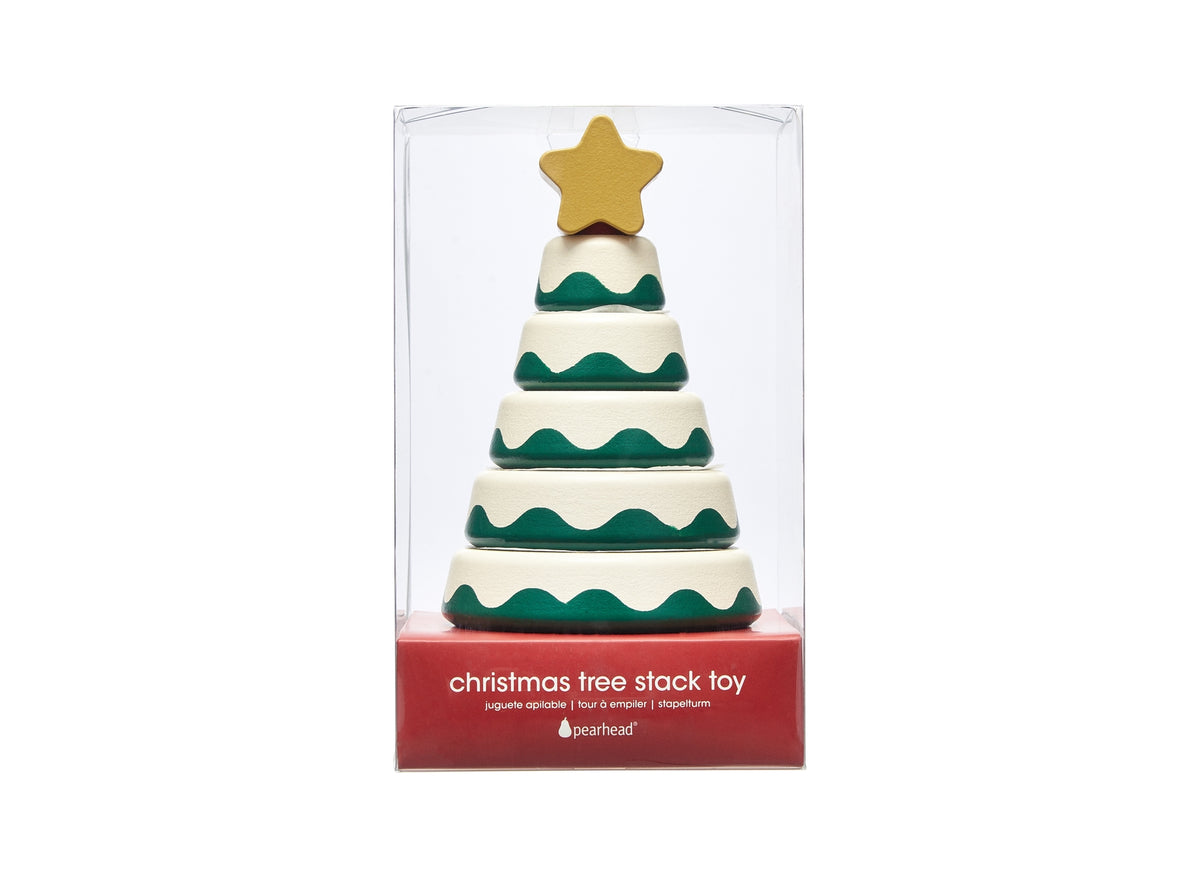 A Pearhead Christmas Tree Stack Toy in its original packaging, featuring a tiered wooden Christmas tree with green and cream stripes and a gold star on top, set against a plain white background.