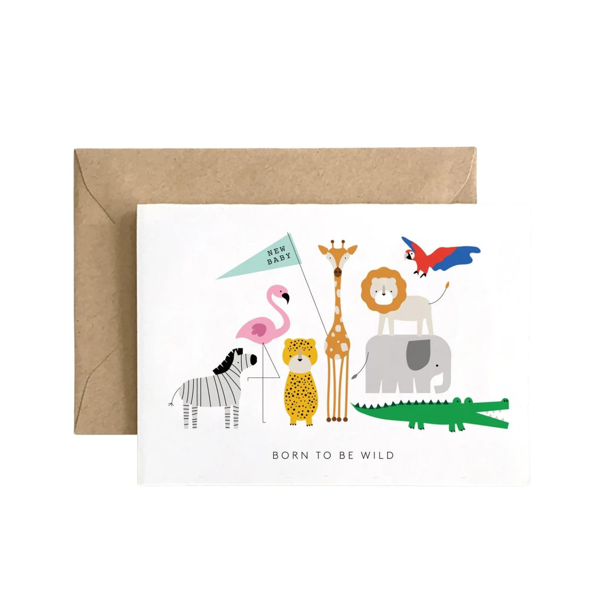 Greeting card with cartoon animals and a brown envelope on a light gray background
