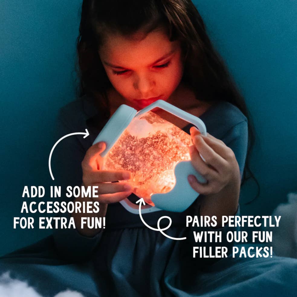 Child holding a glowing container with text about accessories and filler packs.