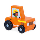 An orange wooden toy car with black wheels, featuring a yellow stripe on the side, white circular details, and a cartoon driver illustration in the windshield. The brand name 'Janod' is printed on the side.