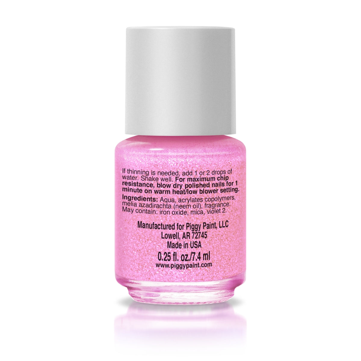 A bottle of Piggy Paint nail polish in a bright pink shade with fine glitter, featuring a white cap and a white background with a soft reflection.