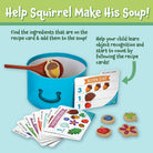 Educational toy set with a pot, recipe card, and ingredient cards on a light blue background.