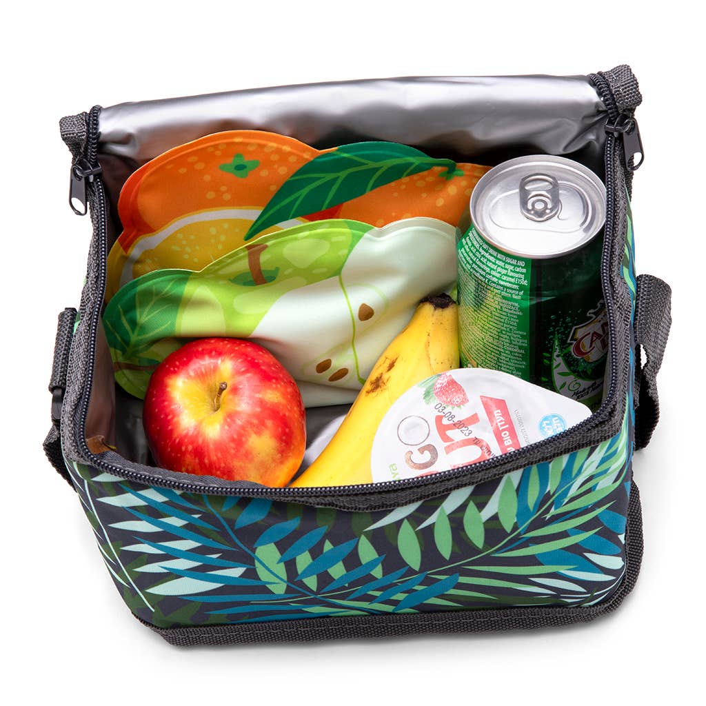  insulated lunch bag with colorful design filled with food items on a white background