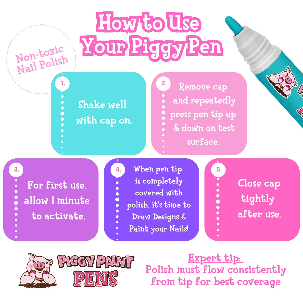 Instructions on how to use Piggy Paint Pens with a cartoon pig character and colorful text.