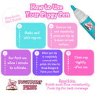 Instructions on how to use Piggy Paint Pens with a cartoon pig character and colorful text.