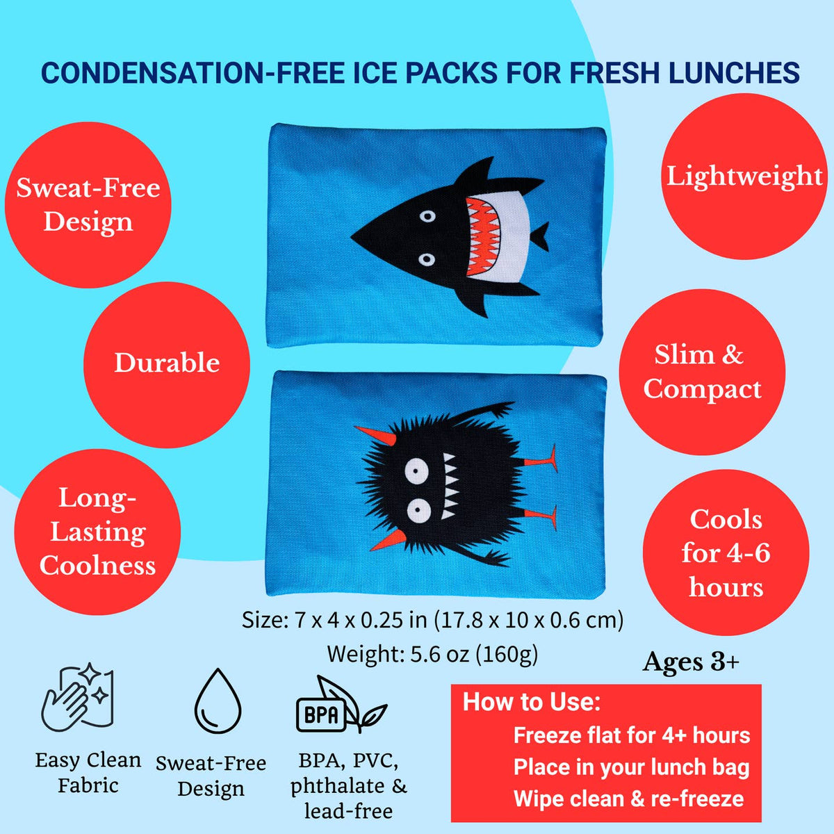 Shark-themed ice pack for lunches with features and usage instructions on a blue background