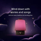 Pink night light with cloud and star background, text about stories and songs.
