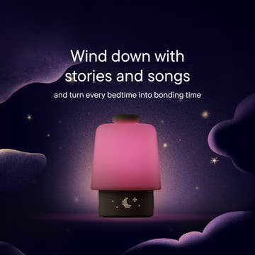 Pink night light with cloud and star background, text about stories and songs.