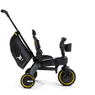 Black and yellow stroller with a baby seat on a white background