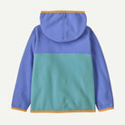 A children's fleece hooded jacket shown from the back, featuring a color-blocked design with a purple upper section and hood, a teal lower back panel, and mustard yellow trim along the hood, cuffs, and hem.