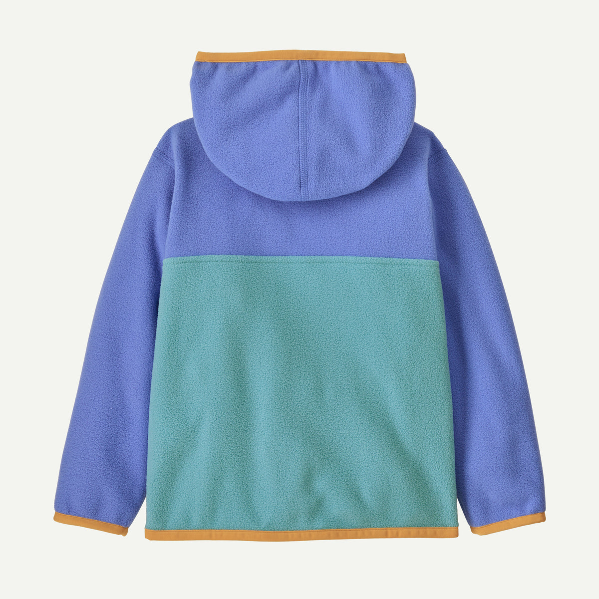 A children's fleece hooded jacket shown from the back, featuring a color-blocked design with a purple upper section and hood, a teal lower back panel, and mustard yellow trim along the hood, cuffs, and hem.