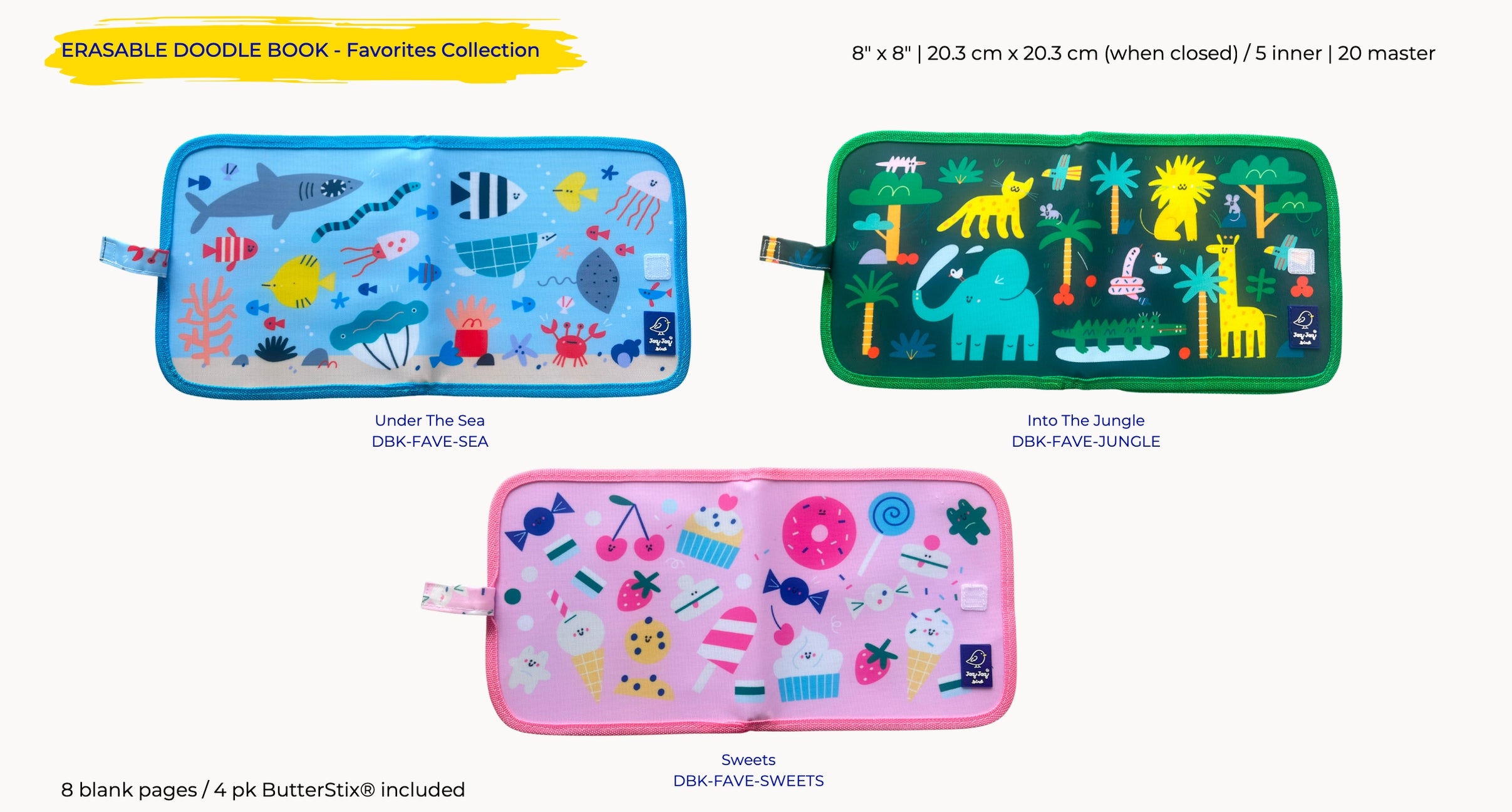 Three colorful erasable doodle books from the Favorites Collection displayed on a white background, showing the front covers of 'Under The Sea', 'Into The Jungle', and 'Sweets' with dimensions and text details.