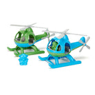 Two toy helicopters, one green and one blue, on a white background.