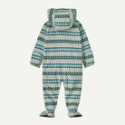 A hooded footed one-piece jumpsuit with a colorful geometric pattern in shades of teal, green, beige, and white, shown against a plain off-white background.