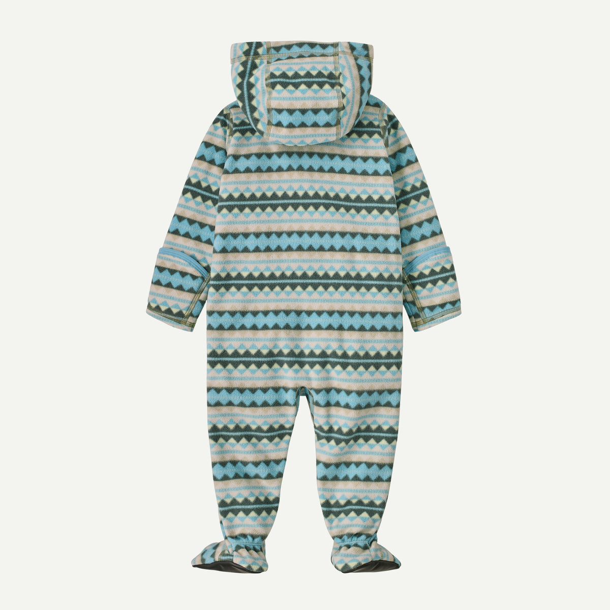 A hooded footed one-piece jumpsuit with a colorful geometric pattern in shades of teal, green, beige, and white, shown against a plain off-white background.