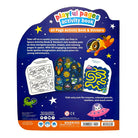 Playful Pages Activity Book in its retail packaging, featuring a space-themed cover with cartoon animals, stars, and colorful text. The package includes a blue backing card with product details, a sample coloring page, a maze sticker, and an animal activity sheet.
