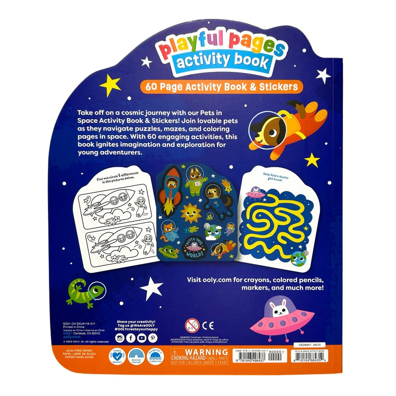 Playful Pages Activity Book in its retail packaging, featuring a space-themed cover with cartoon animals, stars, and colorful text. The package includes a blue backing card with product details, a sample coloring page, a maze sticker, and an animal activity sheet.