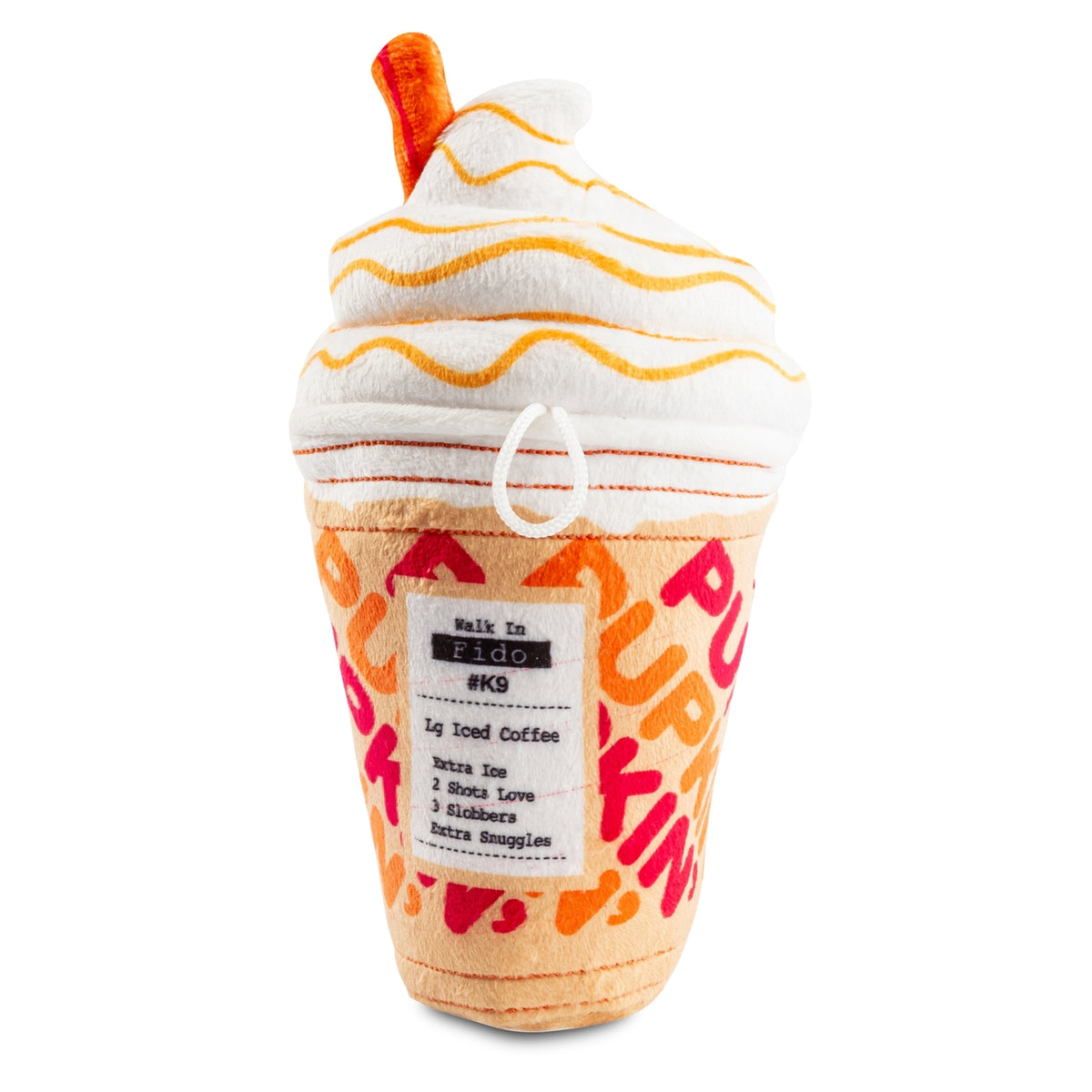Plush toy shaped like a coffee cup with whipped cream and a straw on a white background