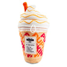 Plush toy shaped like a coffee cup with whipped cream and a straw on a white background
