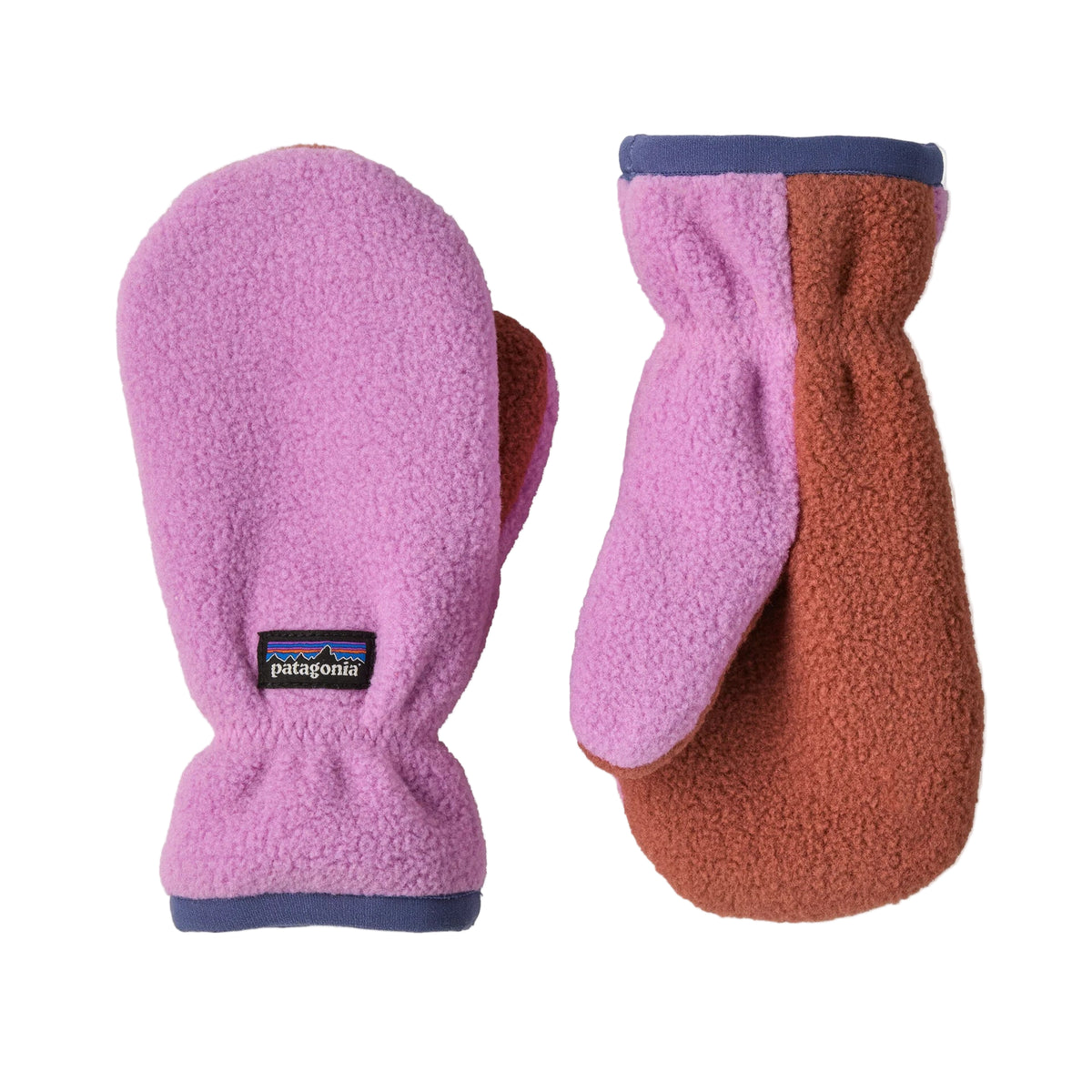 Pair of pink and brown mittens with Patagonia logo on a white background