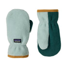 Two mittens, one light blue and one green, with Patagonia logo on a white background