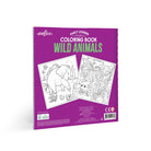 Coloring book for wild animals with purple cover and two animal illustrations on a white background