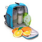 Blue insulated cooler bag with baby bottles, containers, and fruit-themed compartments on a white background
