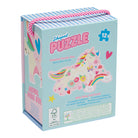 Unicorn-shaped puzzle packaging with colorful design on a white background