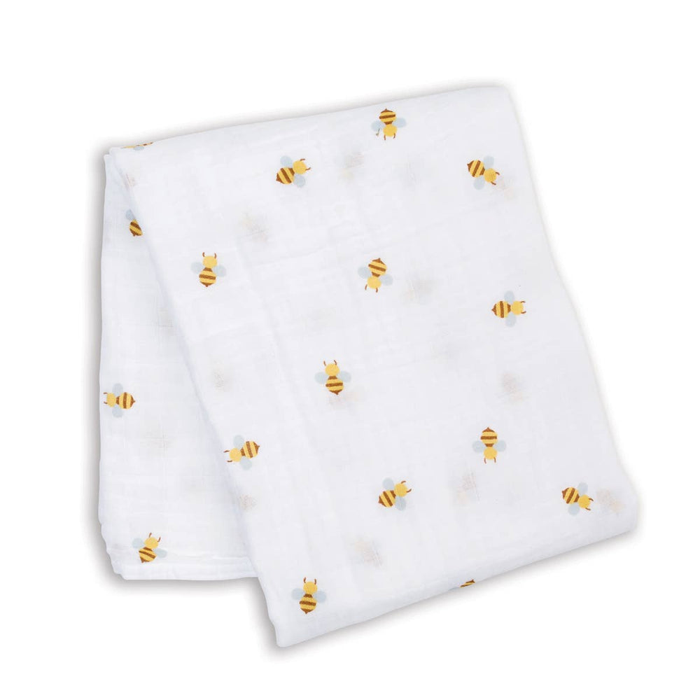 White fabric with small bee patterns on a white background