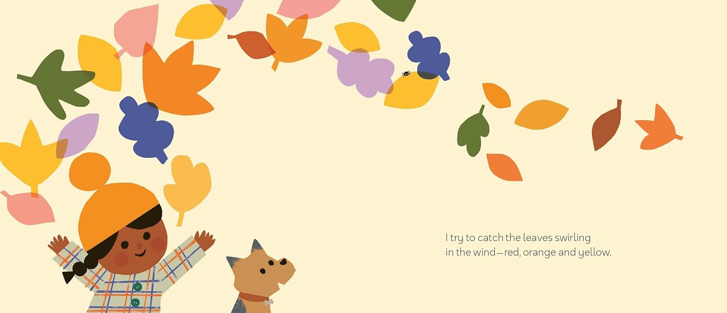Children's illustration with colorful leaves and text on a beige background