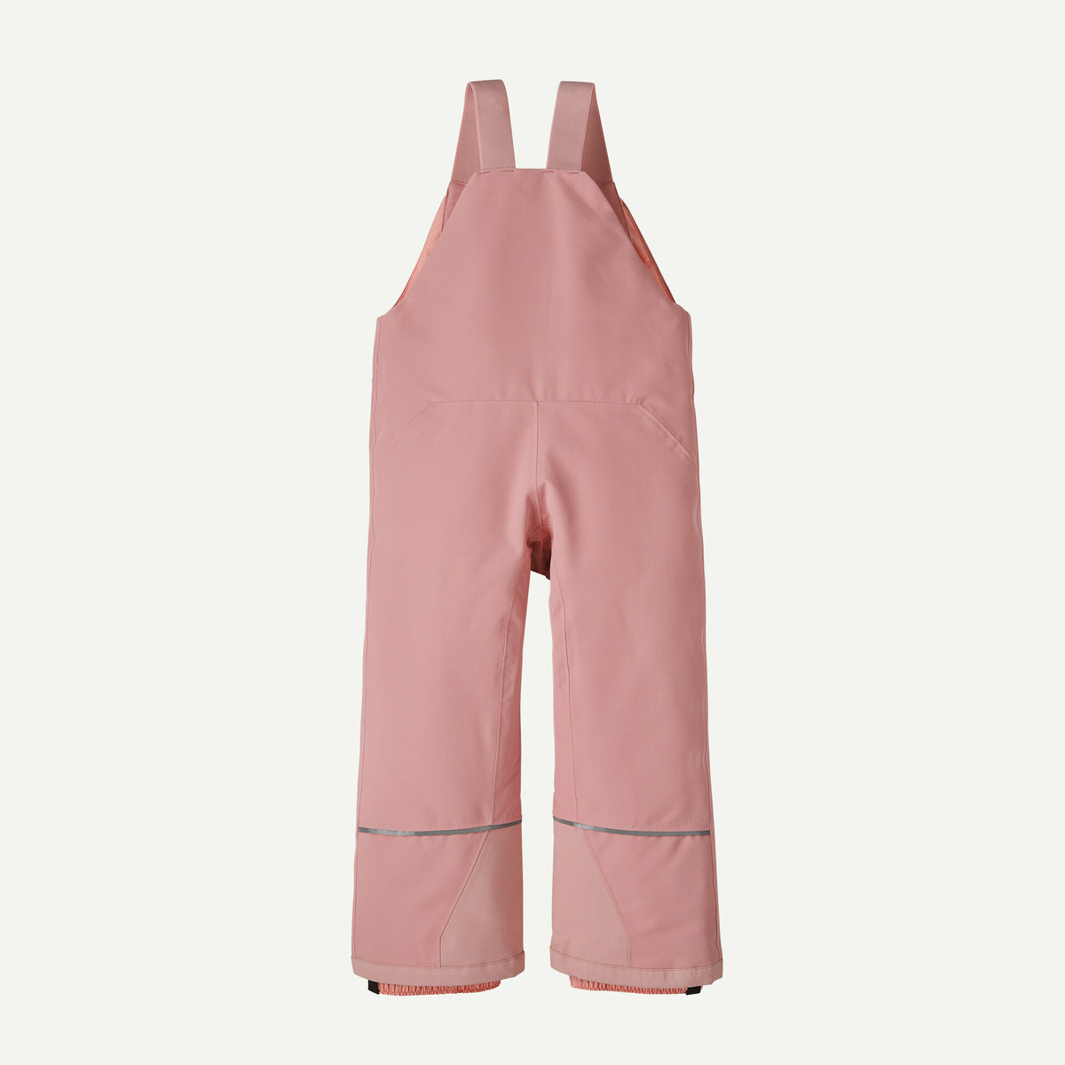 A pair of pink snow bib overalls with adjustable shoulder straps and reflective silver trim near the lower legs, shown against a plain off-white background.