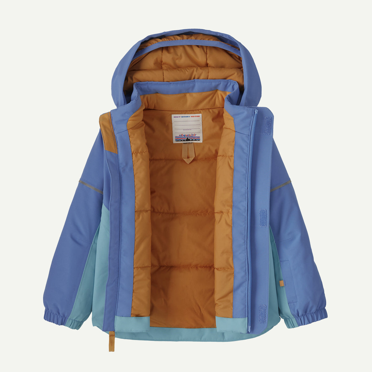 A hooded children's puffer jacket shown open against a light gray background. The jacket features a medium blue outer shell, light blue side panels, and a warm tan-brown padded interior lining.