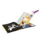 Open book with colorful illustrations and a purple flashlight on a white background