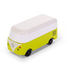 Toy van with white top and green body on a white background
