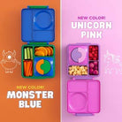 Bento box with colorful compartments on an orange background, featuring 'Monster Blue' text.