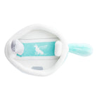 White and blue electronic device with a logo on a white background