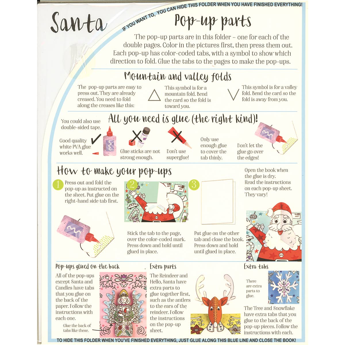 Instructions for making pop-up parts with Santa-themed illustrations on a white background.