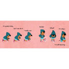 Cartoon character in a blue hoodie with various phrases on a pink background