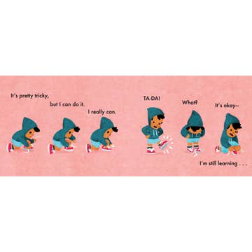Cartoon character in a blue hoodie with various phrases on a pink background