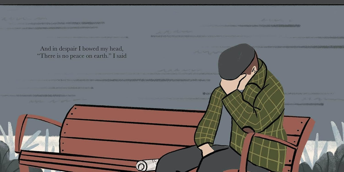 Cartoon character sitting on a bench with a sad expression, text overlay.