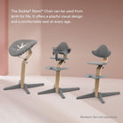 Stokke Nomi chair set on a light pink background with text about its use from birth to life.
