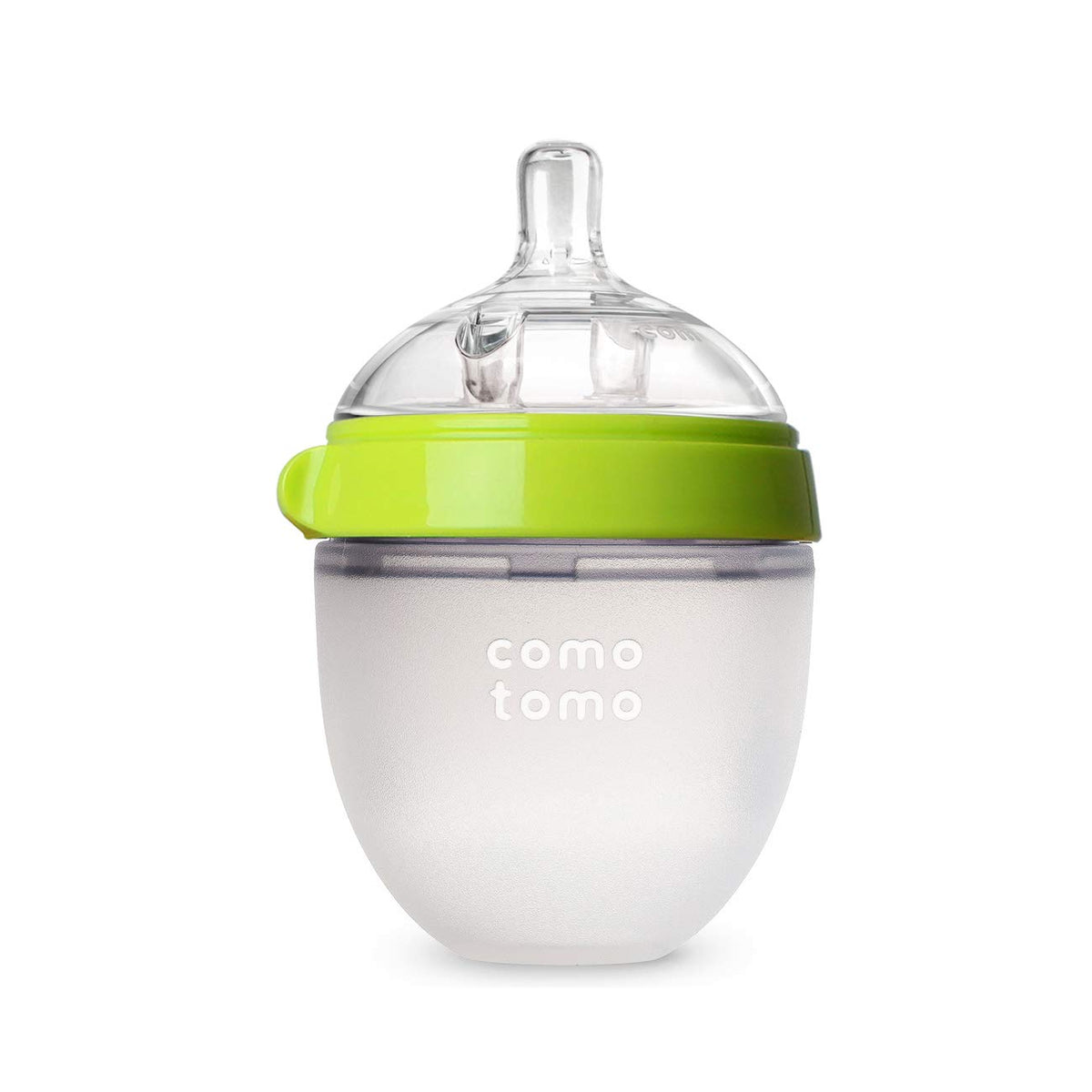 Baby bottle with green cap and white body on a white background