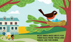 Illustration of a robin building a nest with children and a house in the background